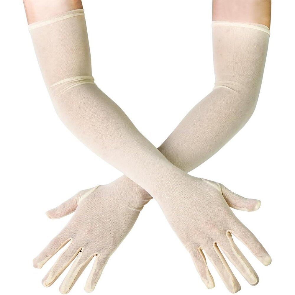 Women's Tulle Beige Long Sheer Silk Gloves Elbow Length Sun Protection Party